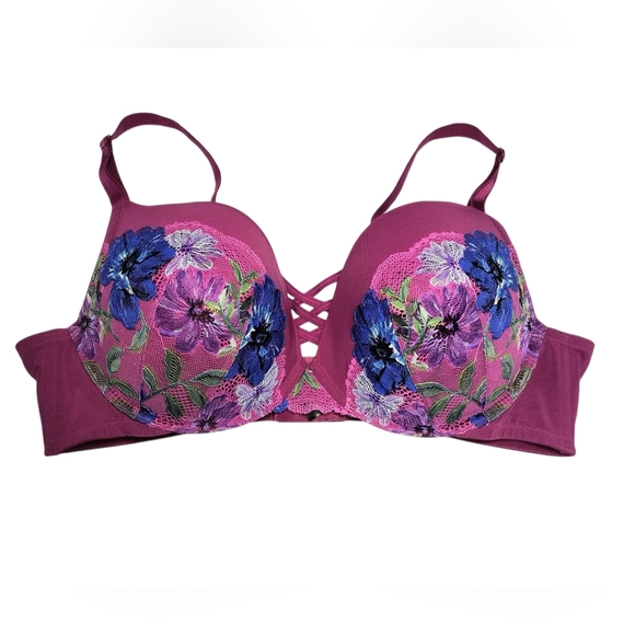 Torrid Floral Lace Navarra XO Boost Plunge Magenta Floral Lace Underwire Bra 42D - Picture 2 of 9